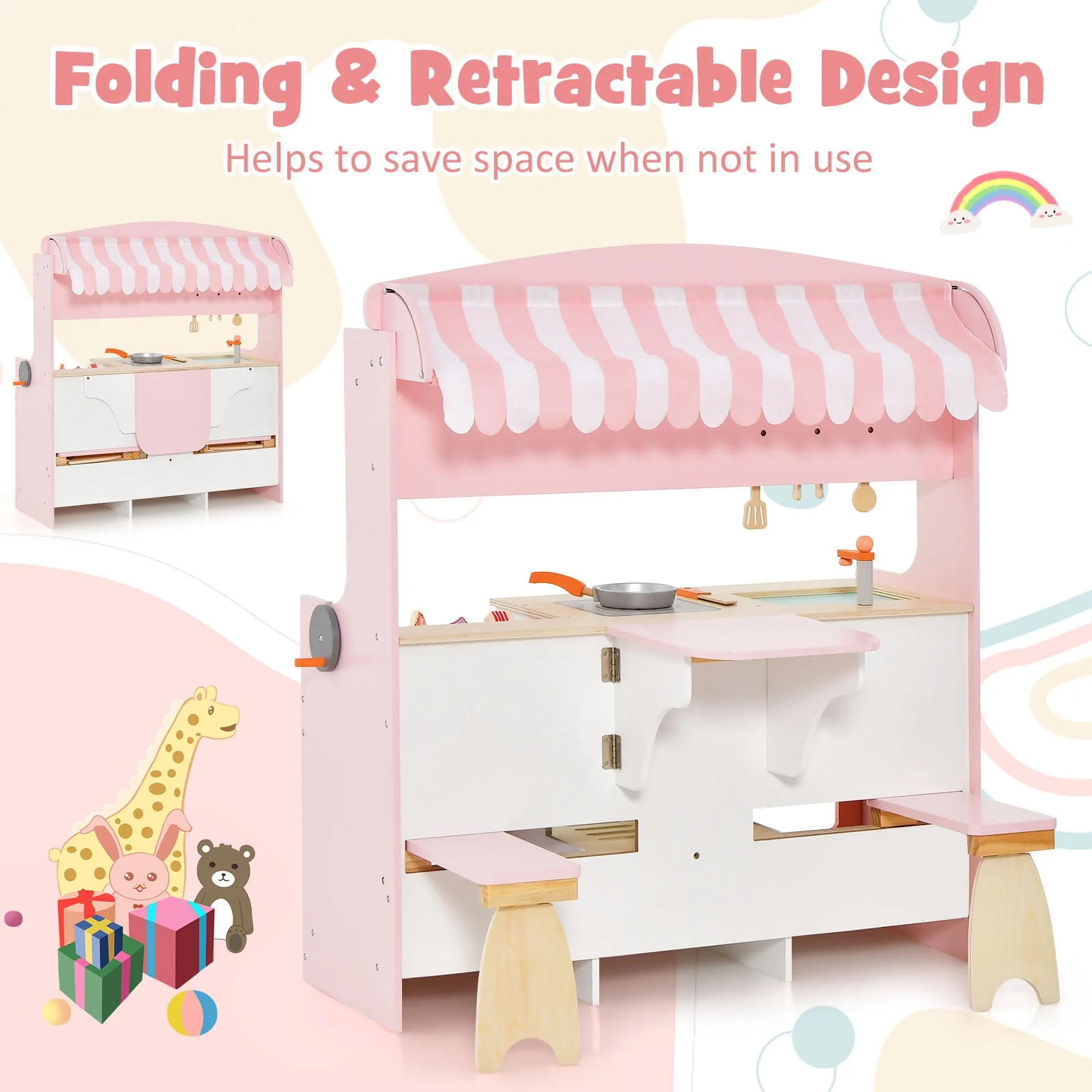 Double-Sided Kids Play Kitchen Set with Canopy and 2 Seats - Image 7