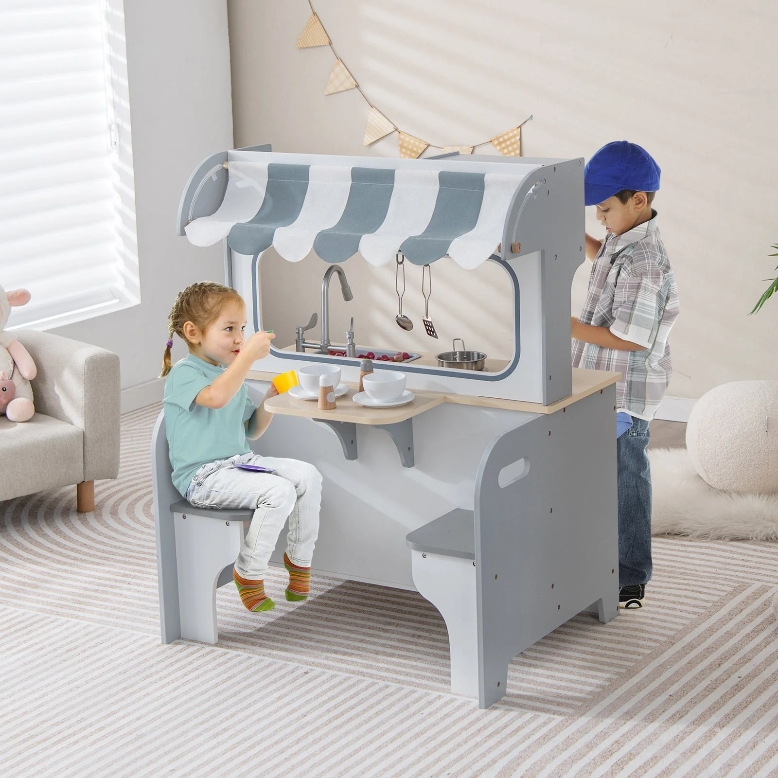 Double Sided Kids Pretend Kitchen Playset with 2-Seat Cafe-Gray - Image 2