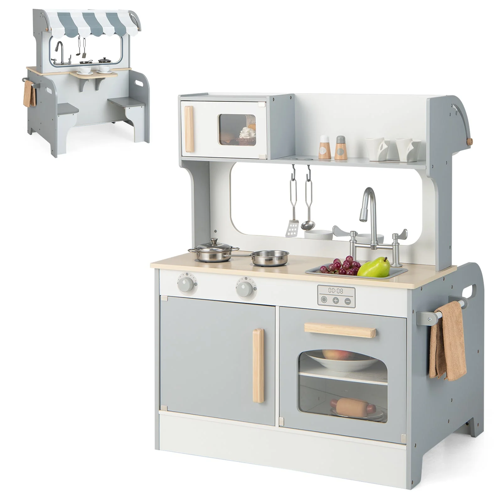Double Sided Kids Pretend Kitchen Playset with 2-Seat Cafe-Gray - Image 3