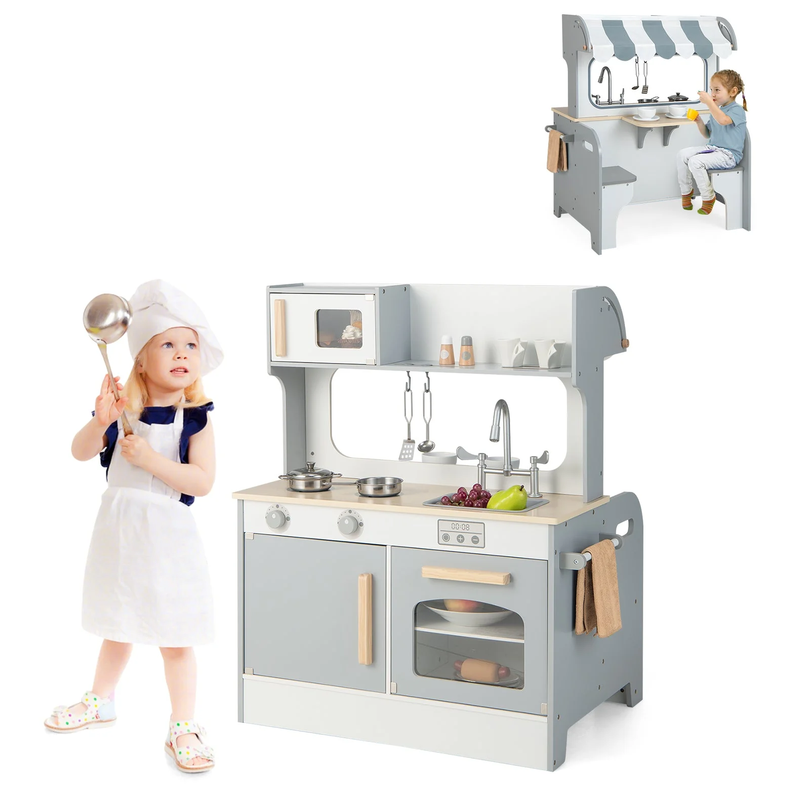 Double Sided Kids Pretend Kitchen Playset with 2-Seat Cafe-Gray - Image 4
