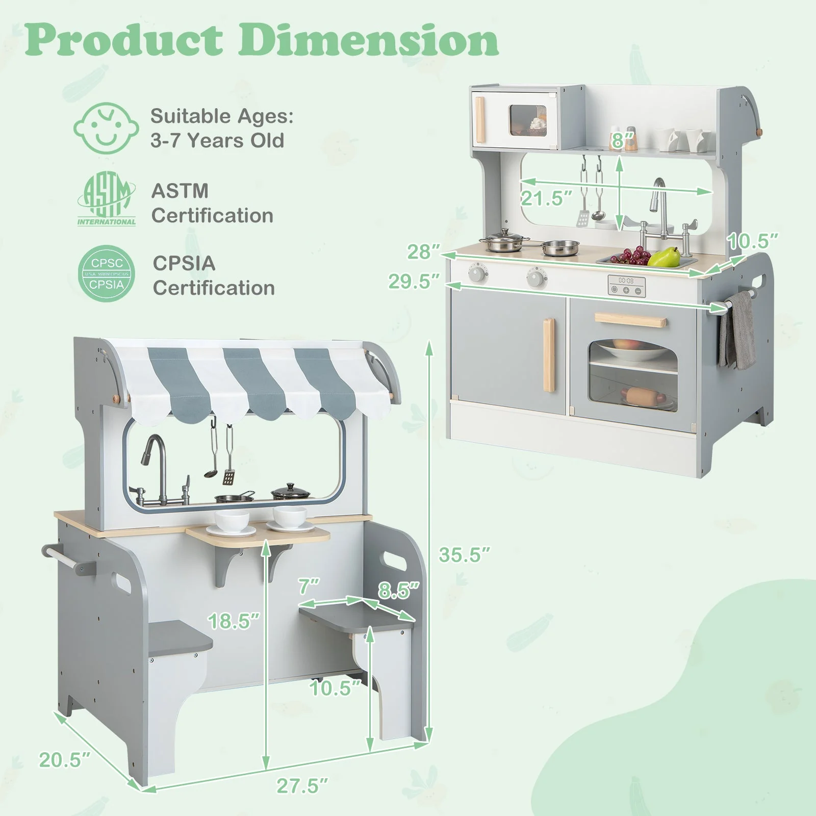 Double Sided Kids Pretend Kitchen Playset with 2-Seat Cafe-Gray - Image 5