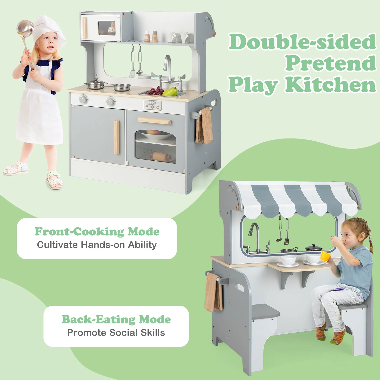 Double Sided Kids Pretend Kitchen Playset with 2-Seat Cafe-Gray - Image 6