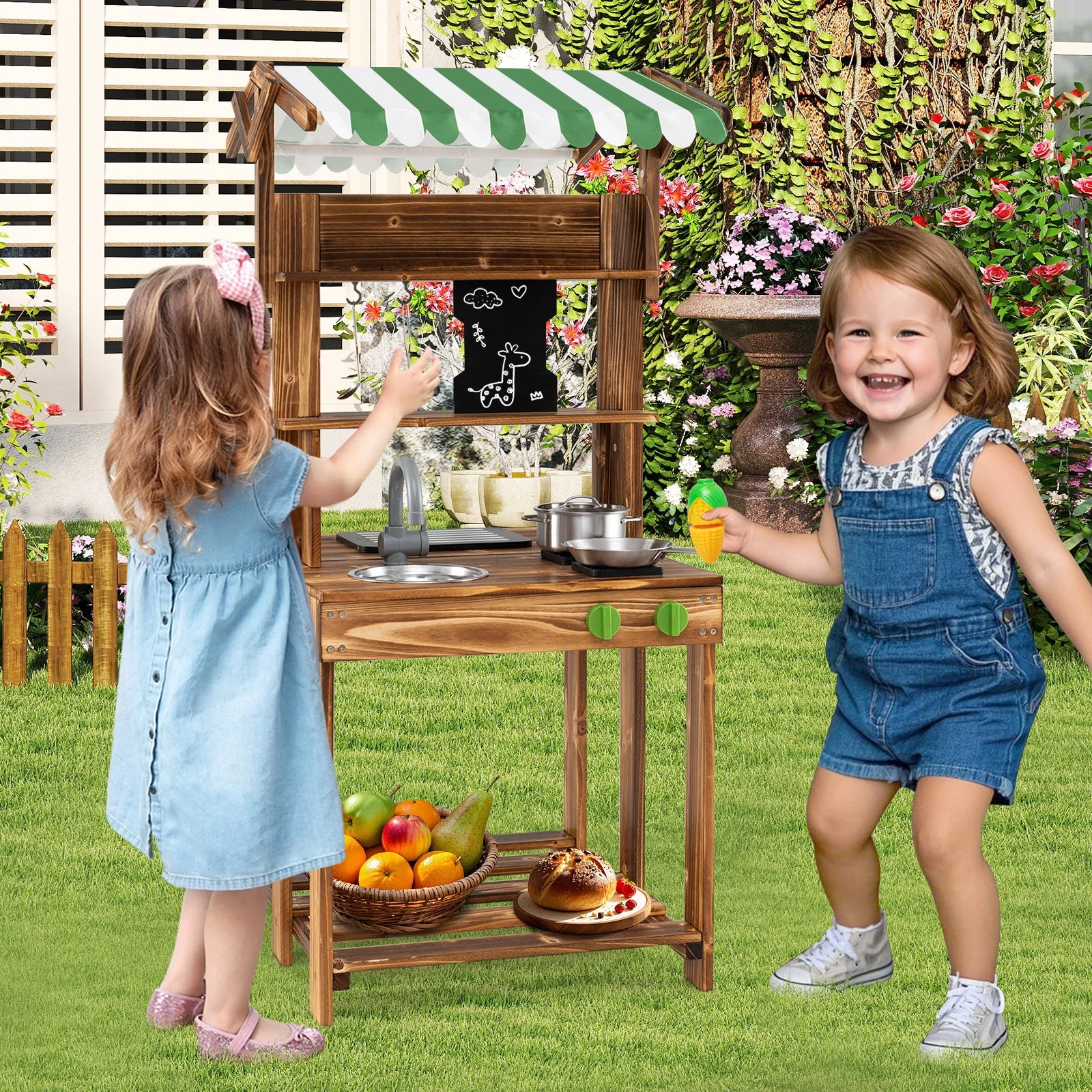 Double-Sided Mud Kitchen with Canopy and Chalkboard for 3+ Years Old-Natural - Image 2
