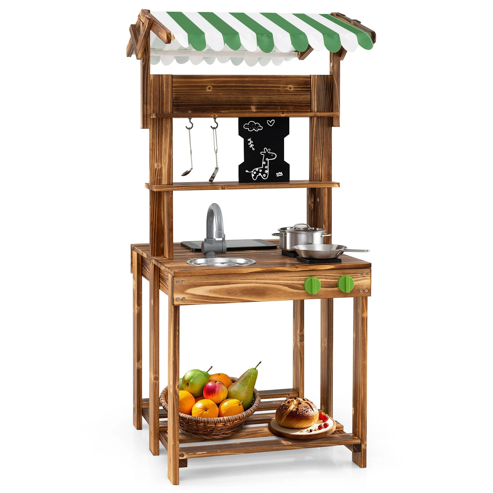 Double-Sided Mud Kitchen with Canopy and Chalkboard for 3+ Years Old-Natural - Image 3
