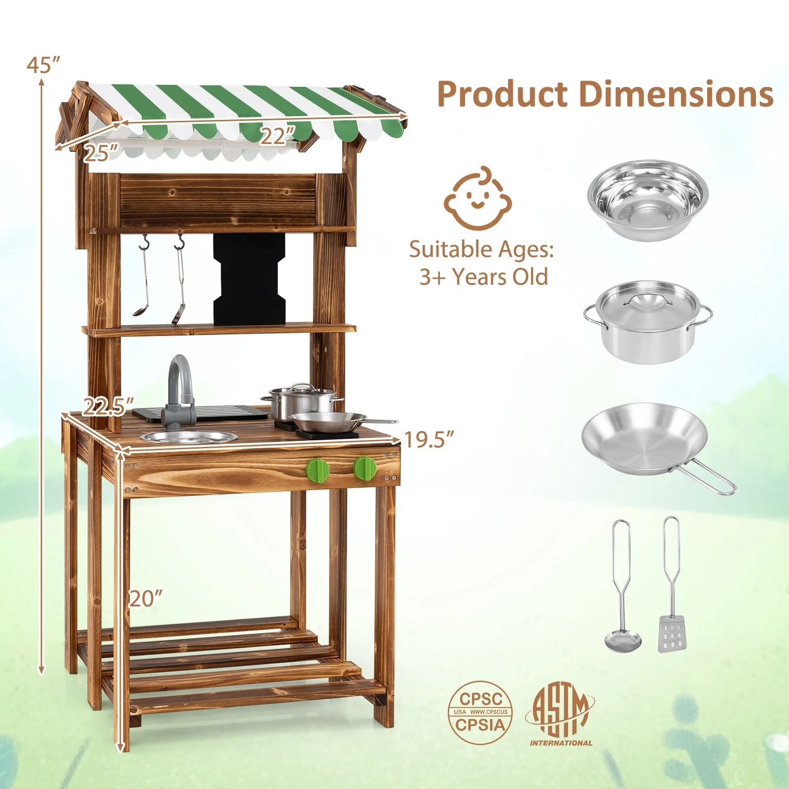 Double-Sided Mud Kitchen with Canopy and Chalkboard for 3+ Years Old-Natural - Image 4