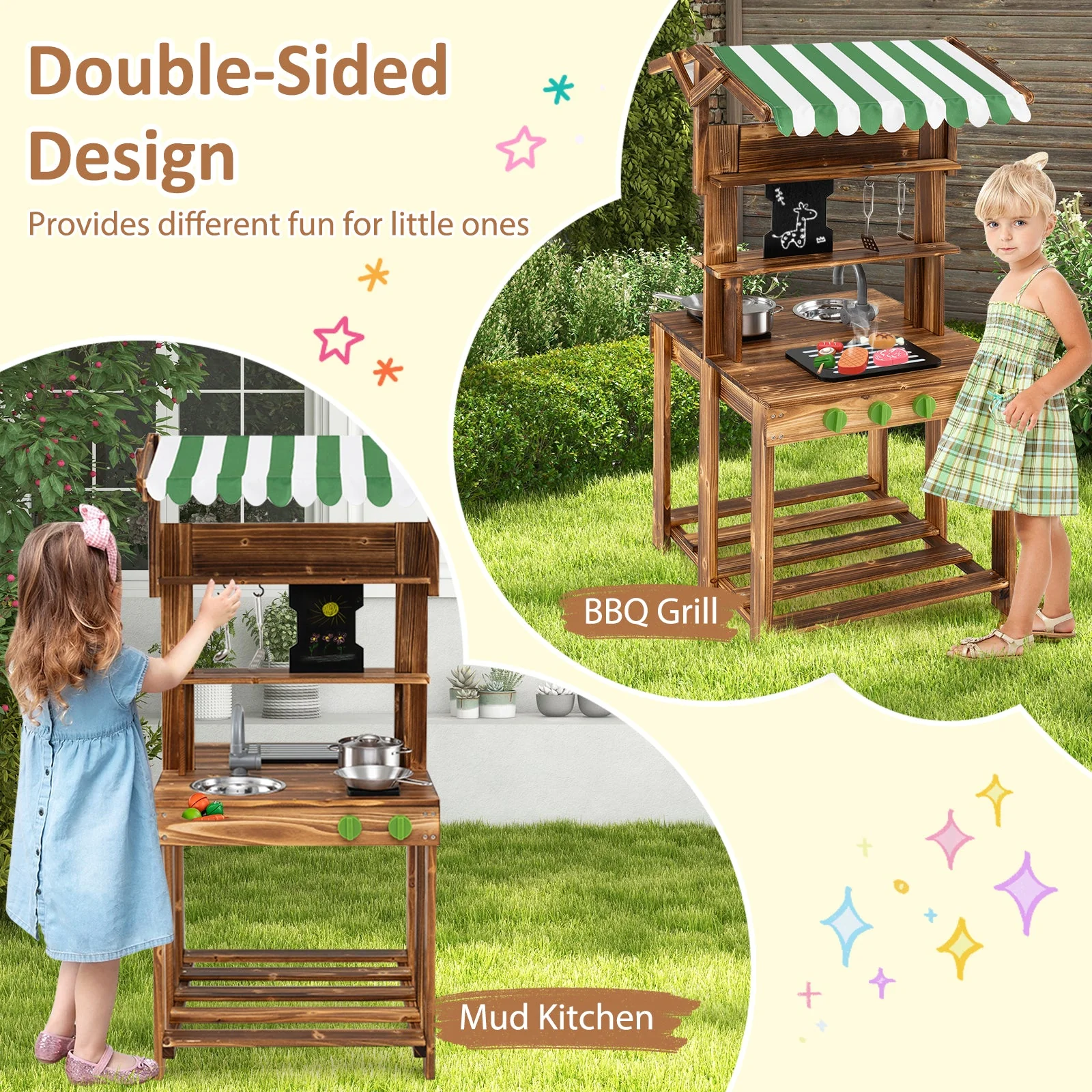 Double-Sided Mud Kitchen with Canopy and Chalkboard for 3+ Years Old-Natural - Image 6