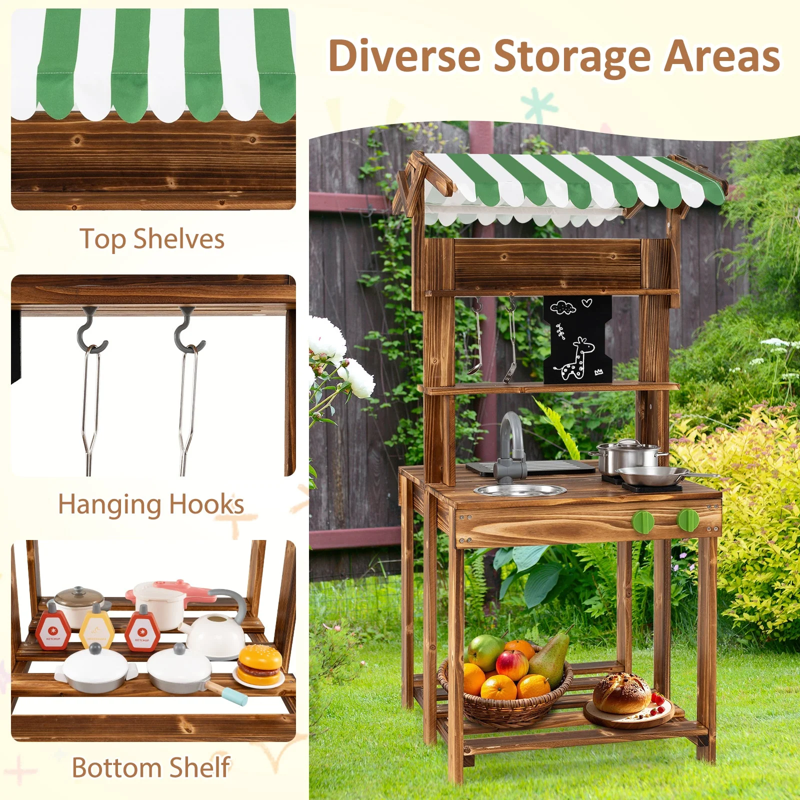 Double-Sided Mud Kitchen with Canopy and Chalkboard for 3+ Years Old-Natural - Image 8