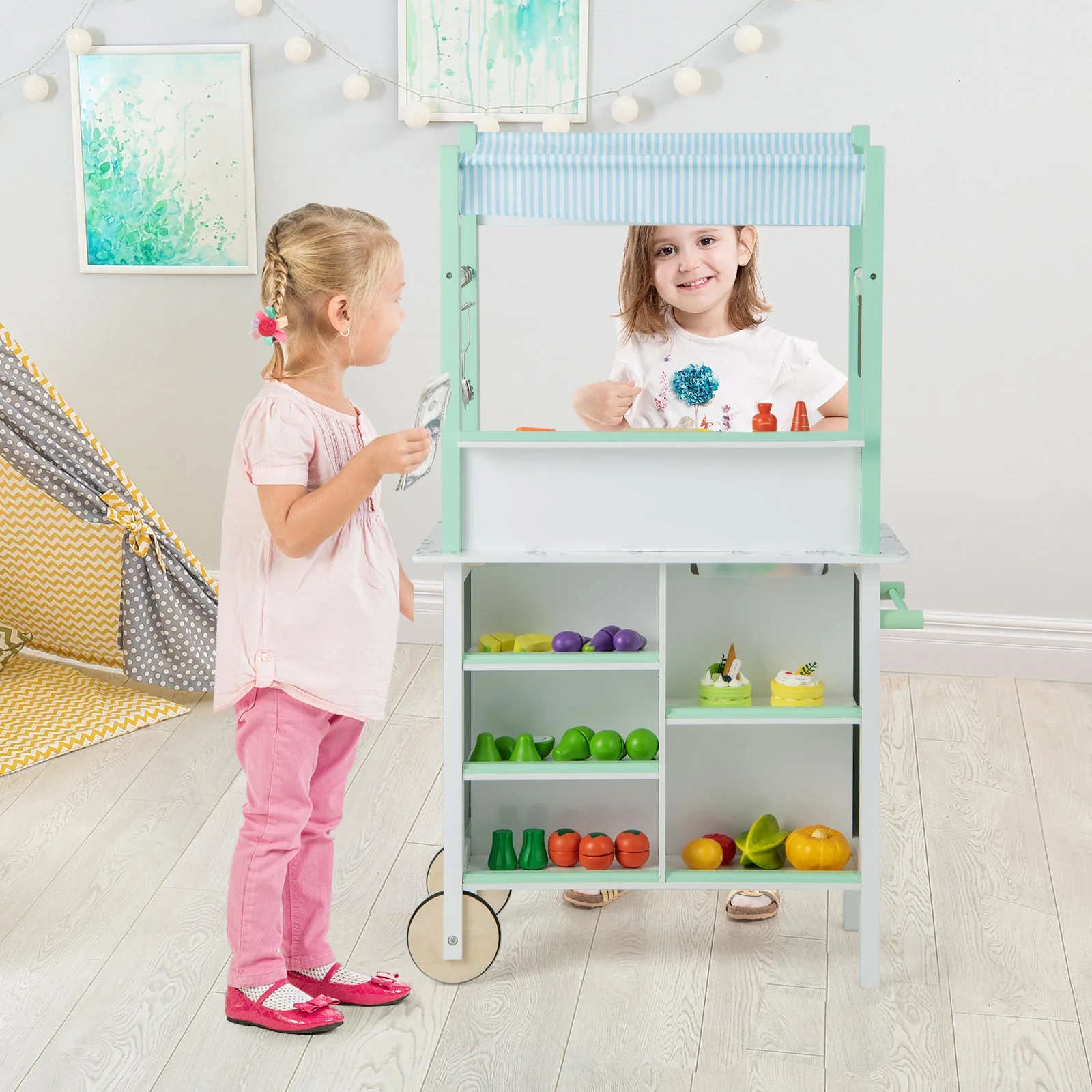 Double-sided Pretend Play Kitchen with Remote Control and LED Light Bars-Green - Image 2