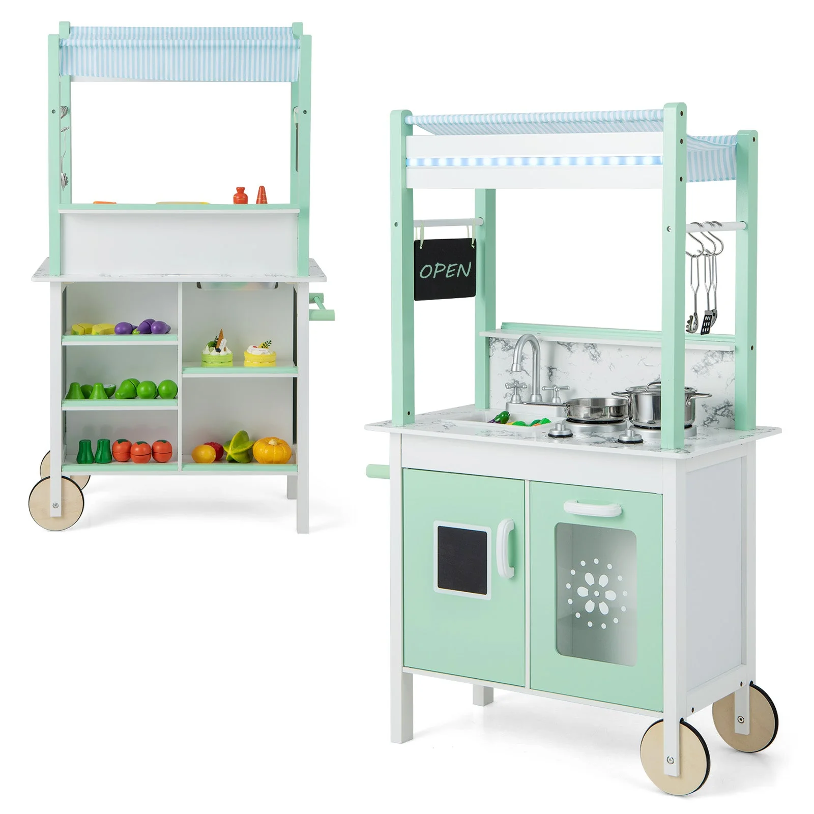 Double-sided Pretend Play Kitchen with Remote Control and LED Light Bars-Green - Image 3