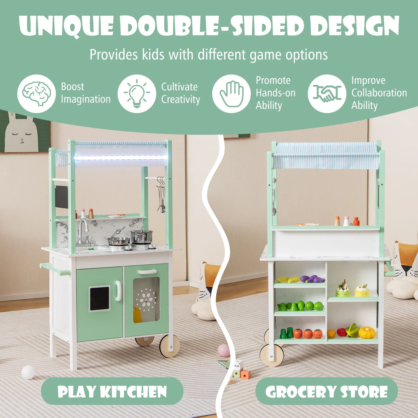 Double-sided Pretend Play Kitchen with Remote Control and LED Light Bars-Green - Image 5