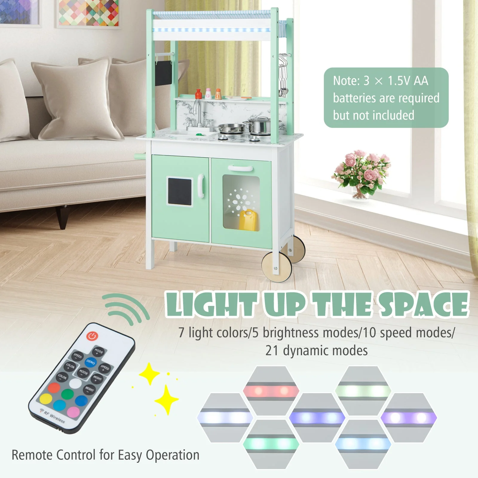 Double-sided Pretend Play Kitchen with Remote Control and LED Light Bars-Green - Image 6