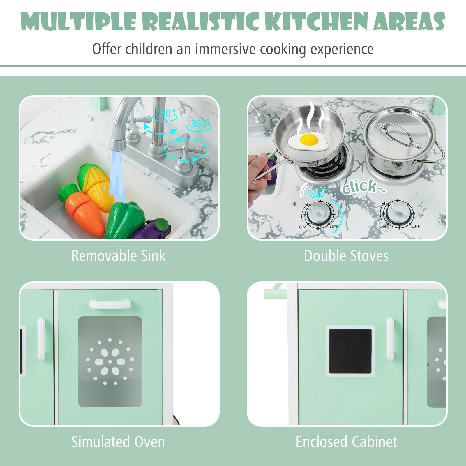 Double-sided Pretend Play Kitchen with Remote Control and LED Light Bars-Green - Image 7
