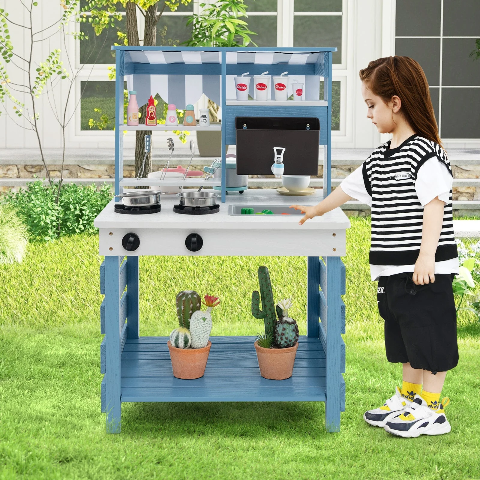 Double-sided Wooden Play Kitchen and Grocery Stand with Stoves for Kids 3+ Years Old - Image 2