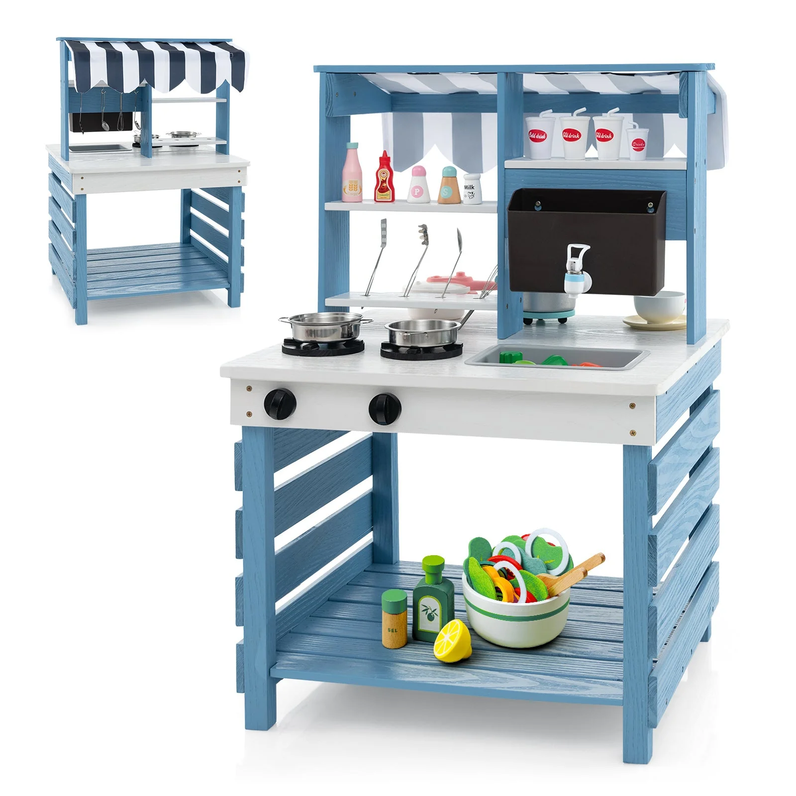 Double-sided Wooden Play Kitchen and Grocery Stand with Stoves for Kids 3+ Years Old - Image 3