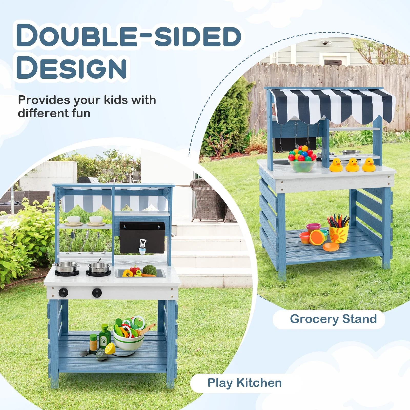 Double-sided Wooden Play Kitchen and Grocery Stand with Stoves for Kids 3+ Years Old - Image 5