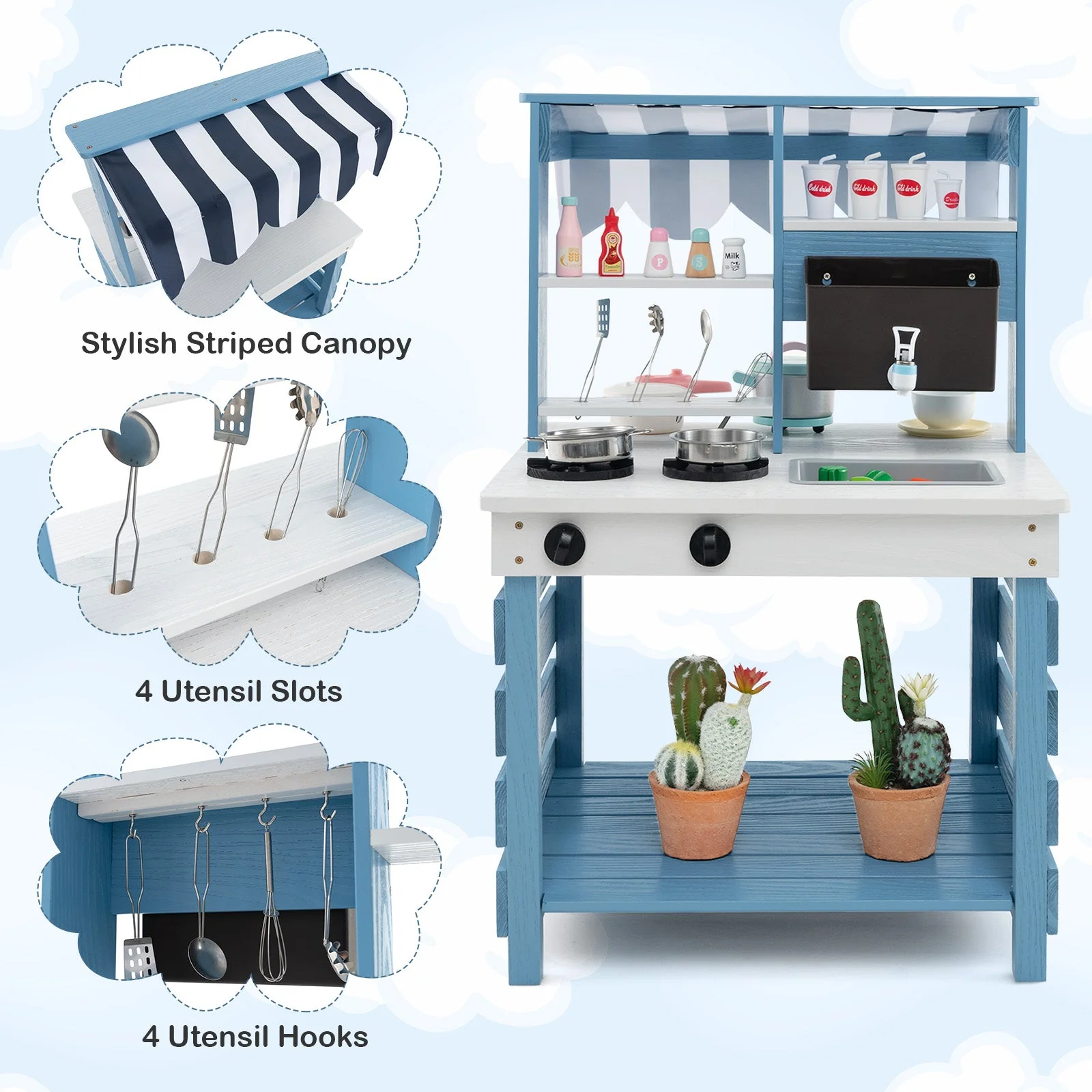 Double-sided Wooden Play Kitchen and Grocery Stand with Stoves for Kids 3+ Years Old - Image 6