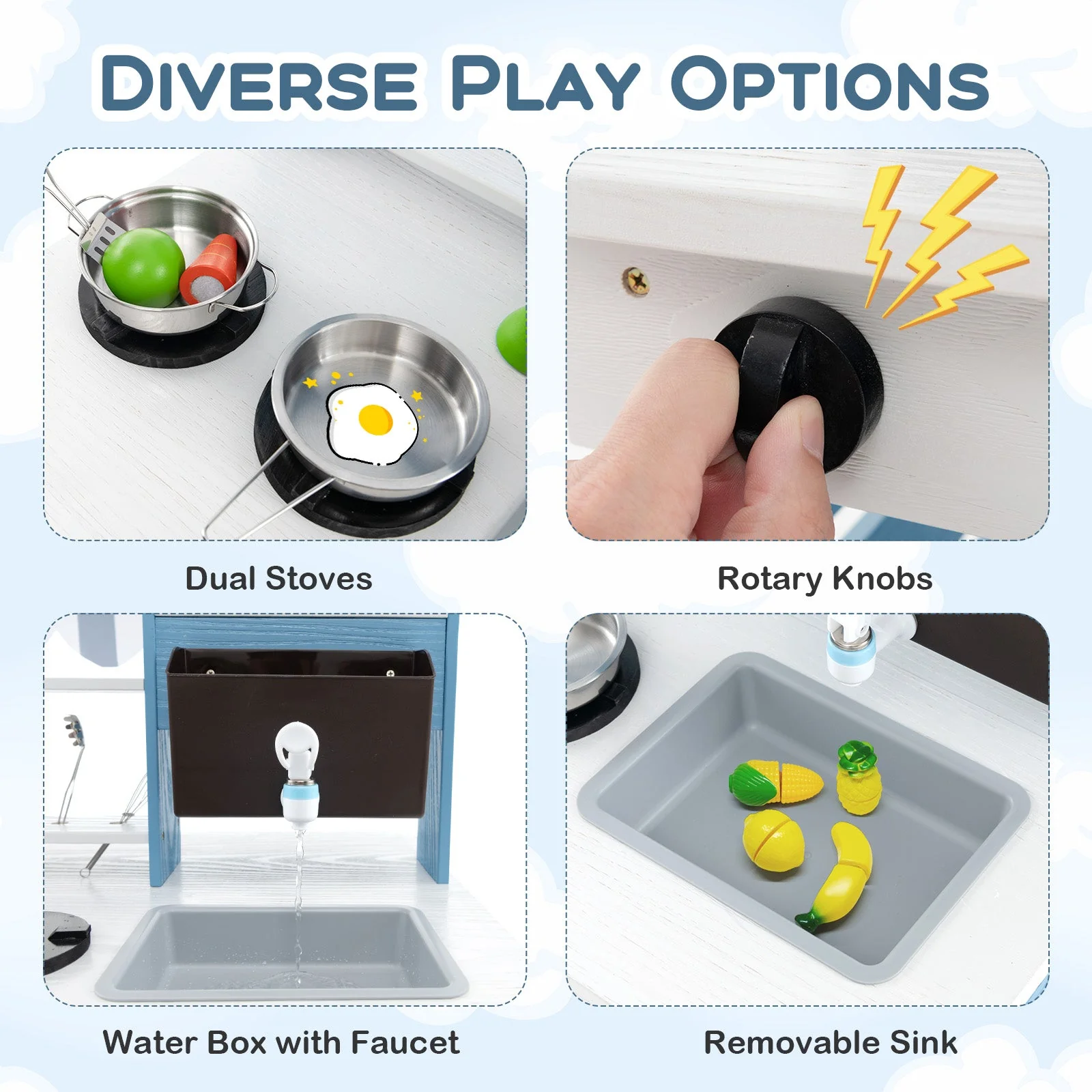 Double-sided Wooden Play Kitchen and Grocery Stand with Stoves for Kids 3+ Years Old - Image 7