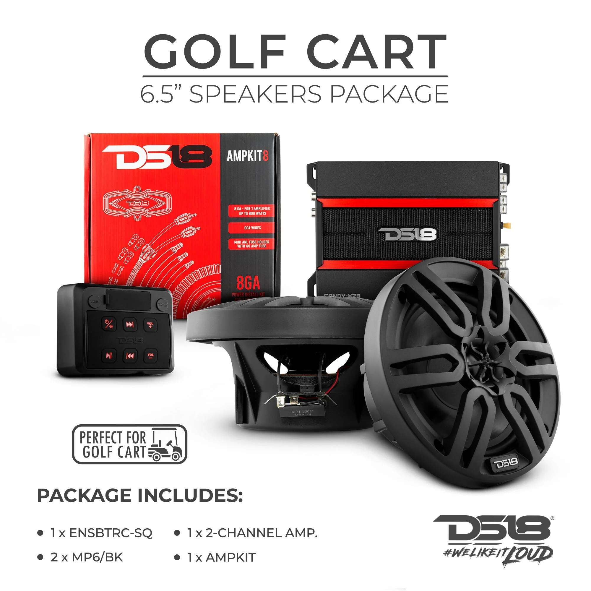 DS18 Golf Cart Package - 2 x 6.5” Marine Speakers +1 x 2 Ch Amp +1 x AMPKIT8 +1 x ENSBTRC-SQ, BLACK or WHITE. - Image 4