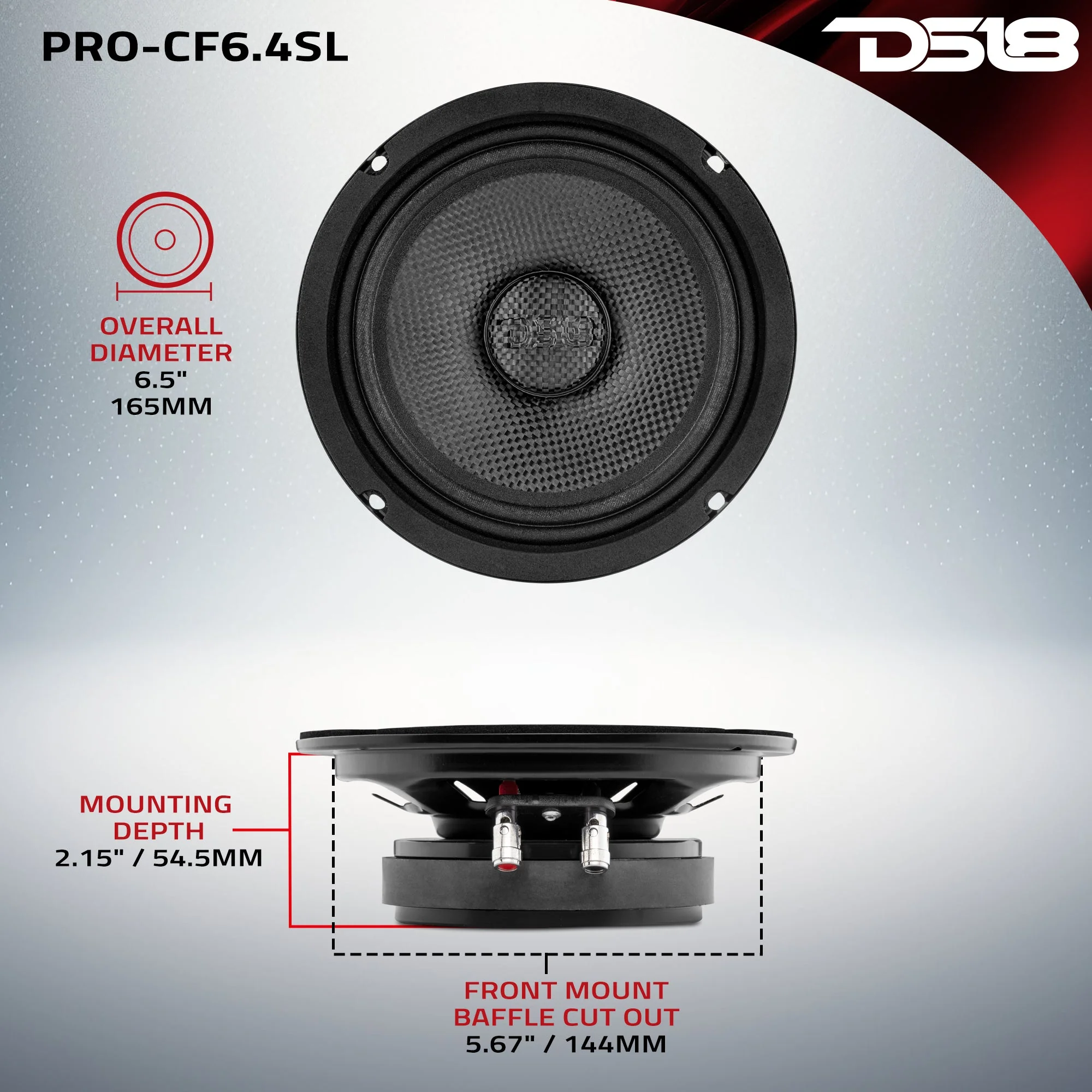 DS18 PRO 6.5” Shallow Mid-Bass Loudspeaker with Carbon Fiber Water-Resistant Cone | 250W RMS 4-Ohm - Image 7
