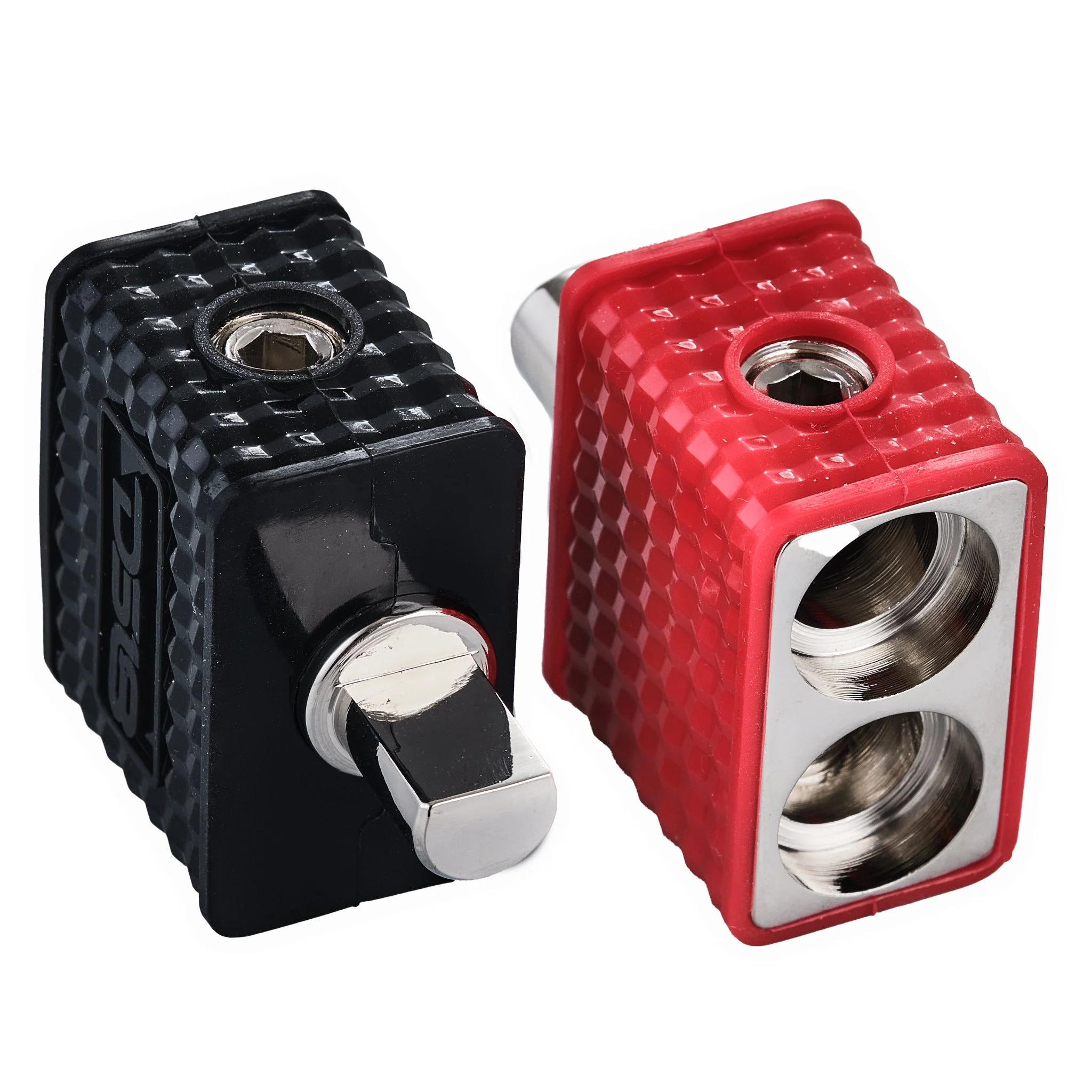 Dual 1/0-GA to 1/0-GA Amp Input Reducers with Offset Stub and Silicone Cover - BLACK/RED - Image 2