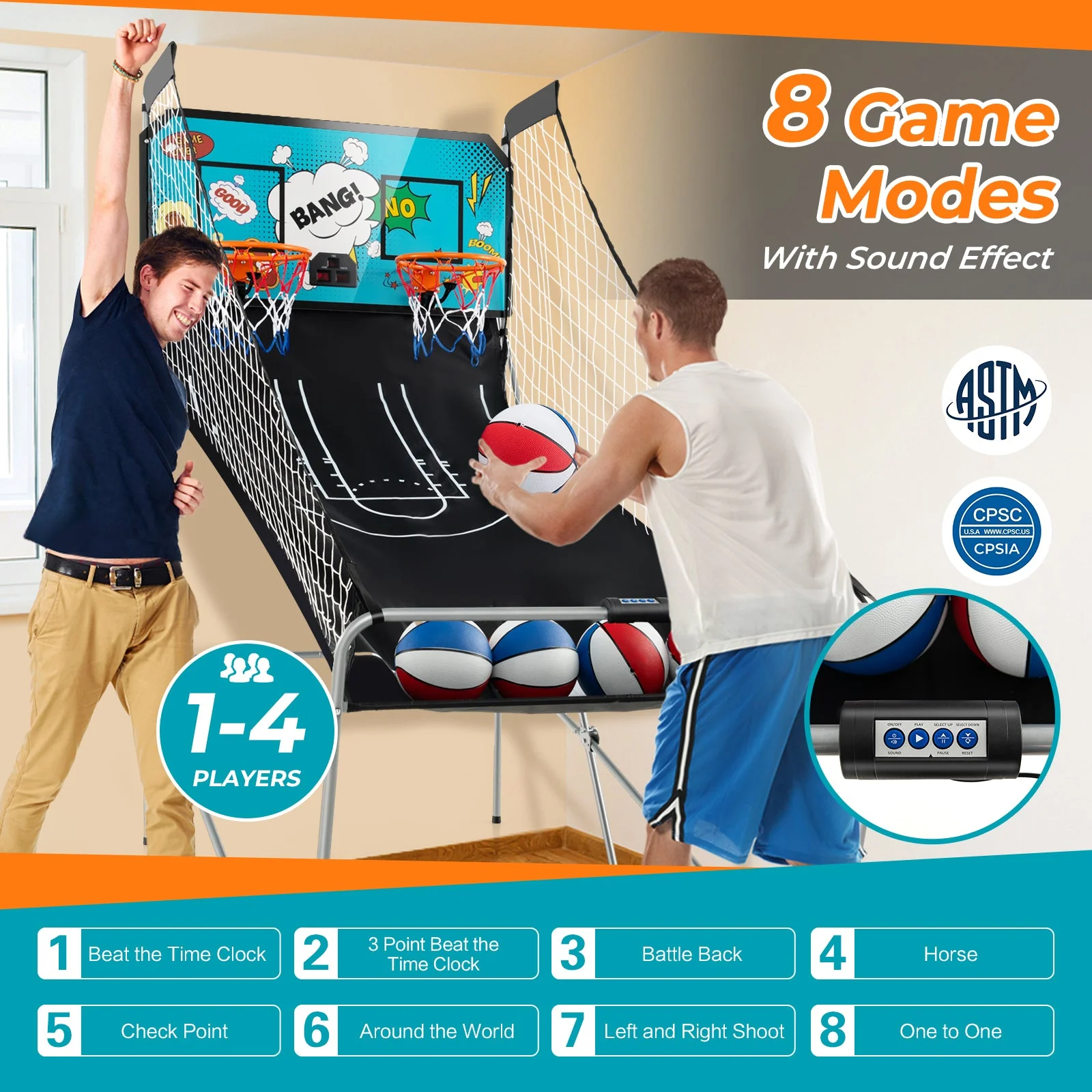 Dual Shot Basketball Arcade Game with 8 Game Modes and 4 Balls-Green - Image 5