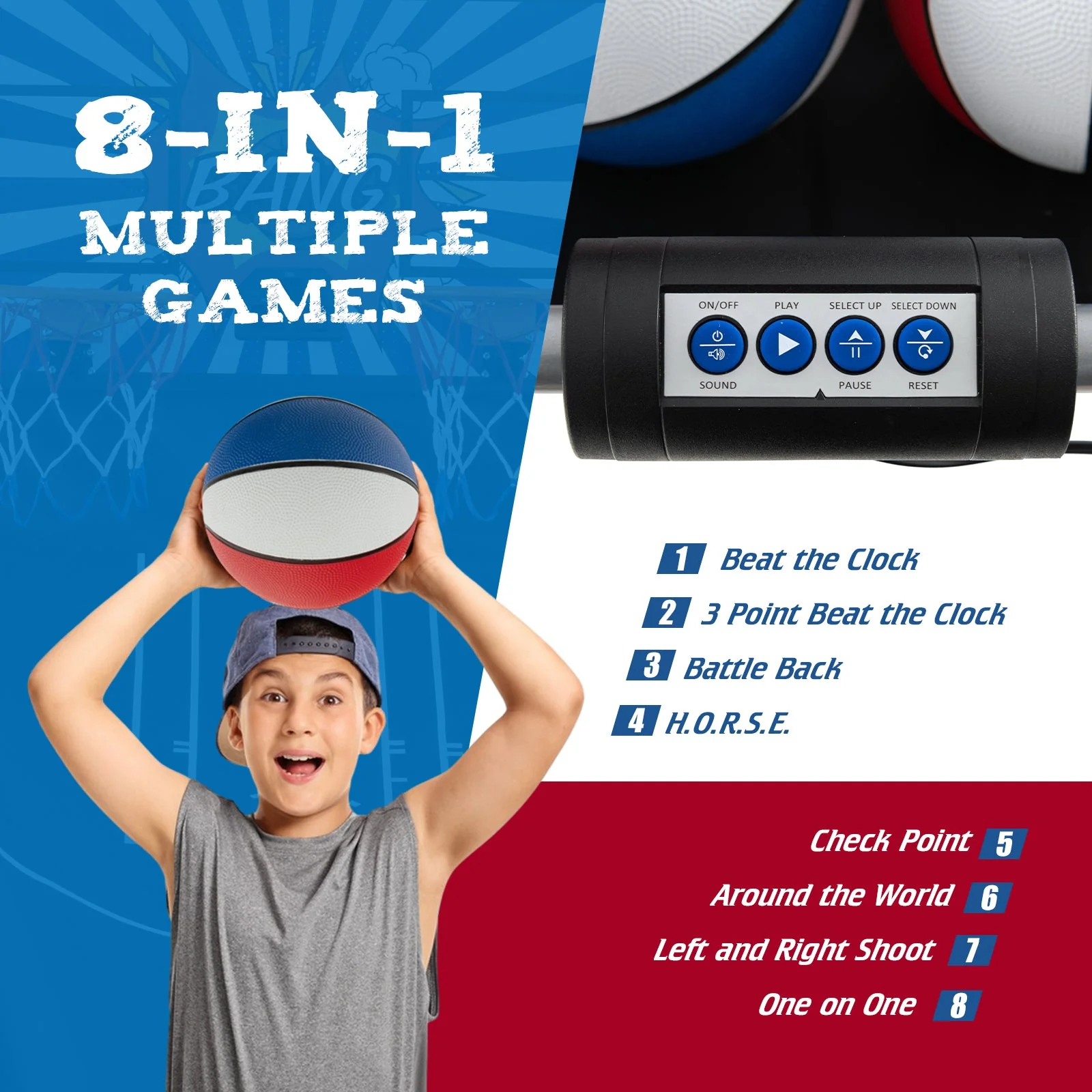 Dual Shot Basketball Arcade Game with 8 Game Modes and 4 Balls-Red - Image 6