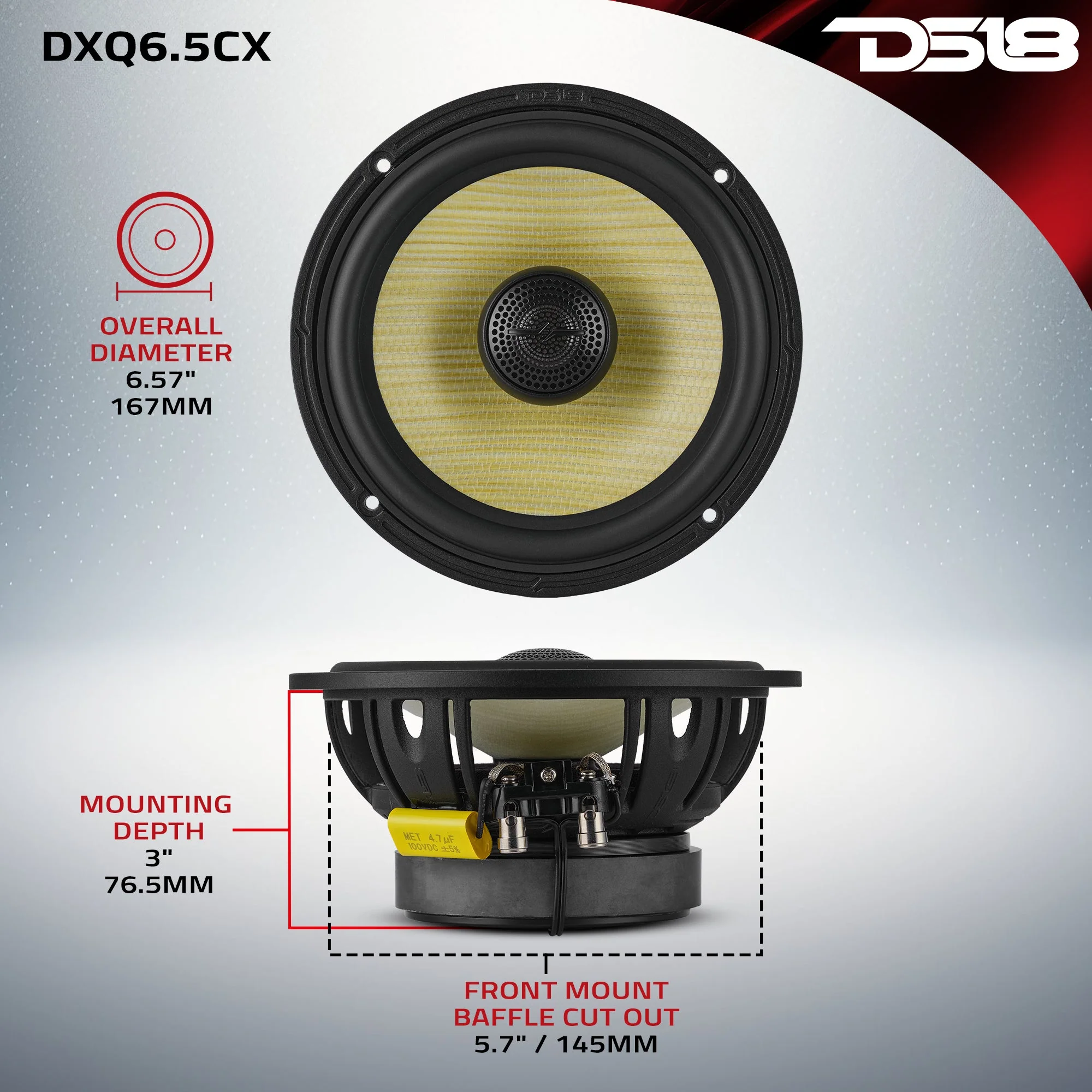 DXQ 6.5" 2-Way Coaxial Speaker with Yellow Straw and Composite Foam Cone | 150W RMS 4-Ohm - Image 8