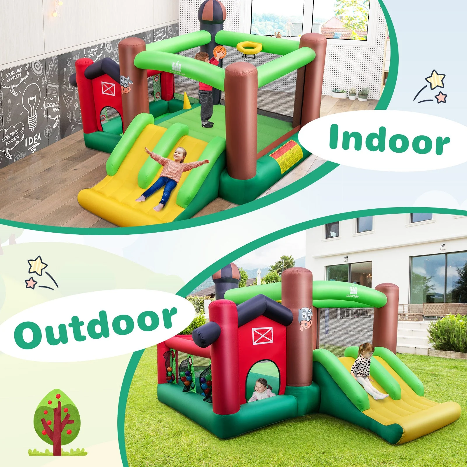 Farm Themed 6-in-1 Inflatable Castle with Trampoline and 735W Blower - Image 7