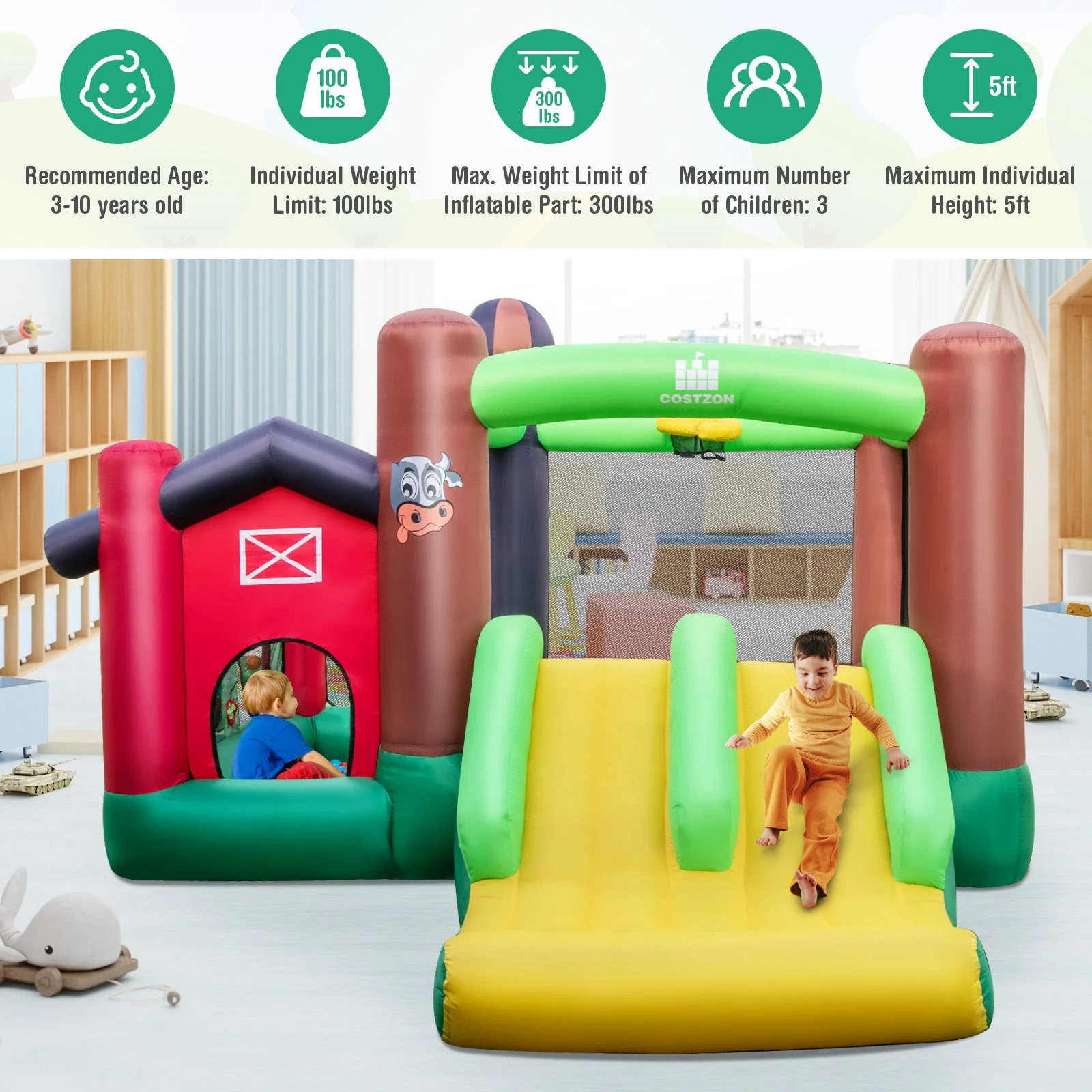 Farm Themed 6-in-1 Inflatable Castle with Trampoline and 735W Blower - Image 8