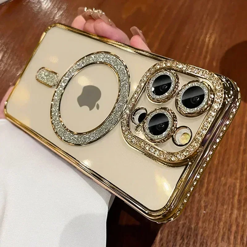 Fashion Girl Pink Crystal Glitter Transparent Magnetic Case For iPhone 16 15 11 12 13 14 Pro Max Wireless Charging Diamond Cover - Image 10