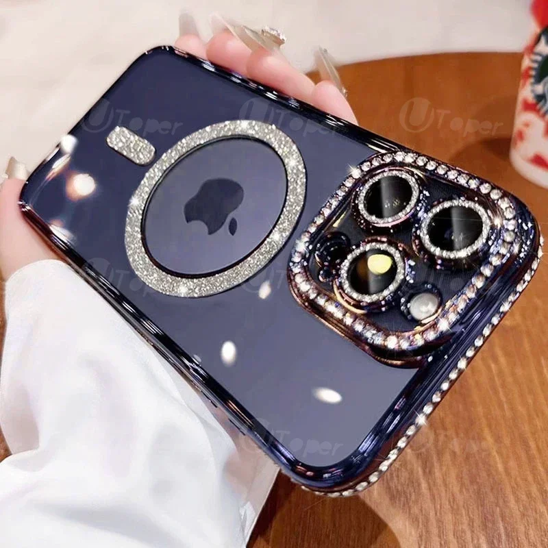Fashion Girl Pink Crystal Glitter Transparent Magnetic Case For iPhone 16 15 11 12 13 14 Pro Max Wireless Charging Diamond Cover - Image 11