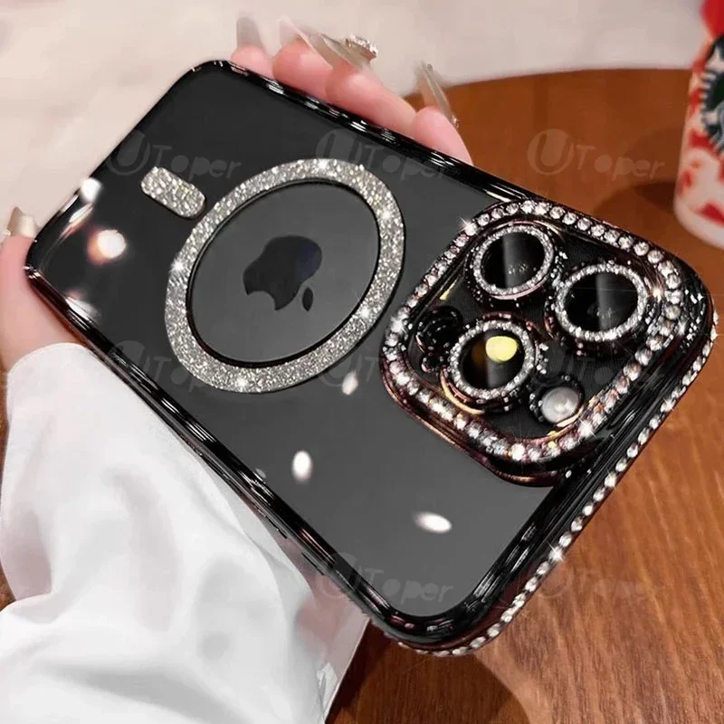 Fashion Girl Pink Crystal Glitter Transparent Magnetic Case For iPhone 16 15 11 12 13 14 Pro Max Wireless Charging Diamond Cover - Image 12