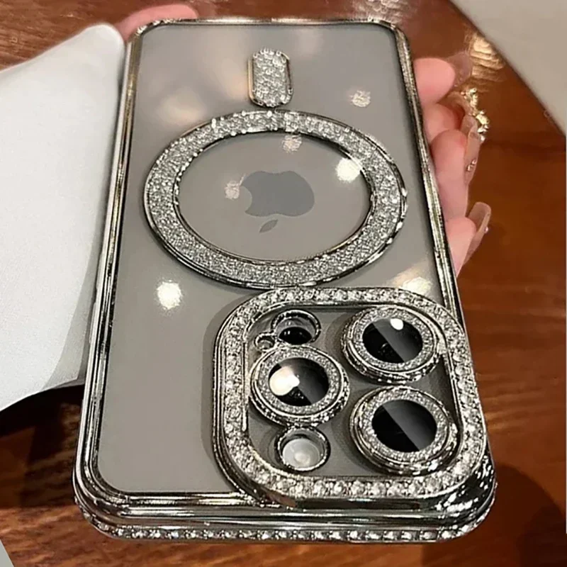 Fashion Girl Pink Crystal Glitter Transparent Magnetic Case For iPhone 16 15 11 12 13 14 Pro Max Wireless Charging Diamond Cover - Image 14
