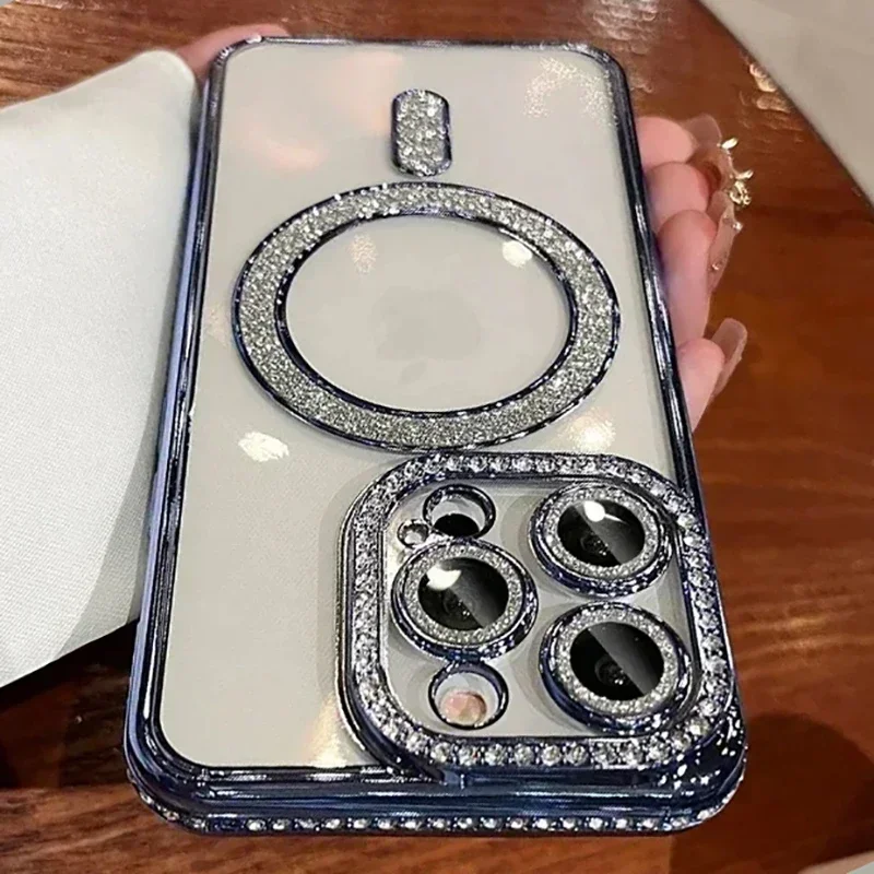 Fashion Girl Pink Crystal Glitter Transparent Magnetic Case For iPhone 16 15 11 12 13 14 Pro Max Wireless Charging Diamond Cover - Image 15