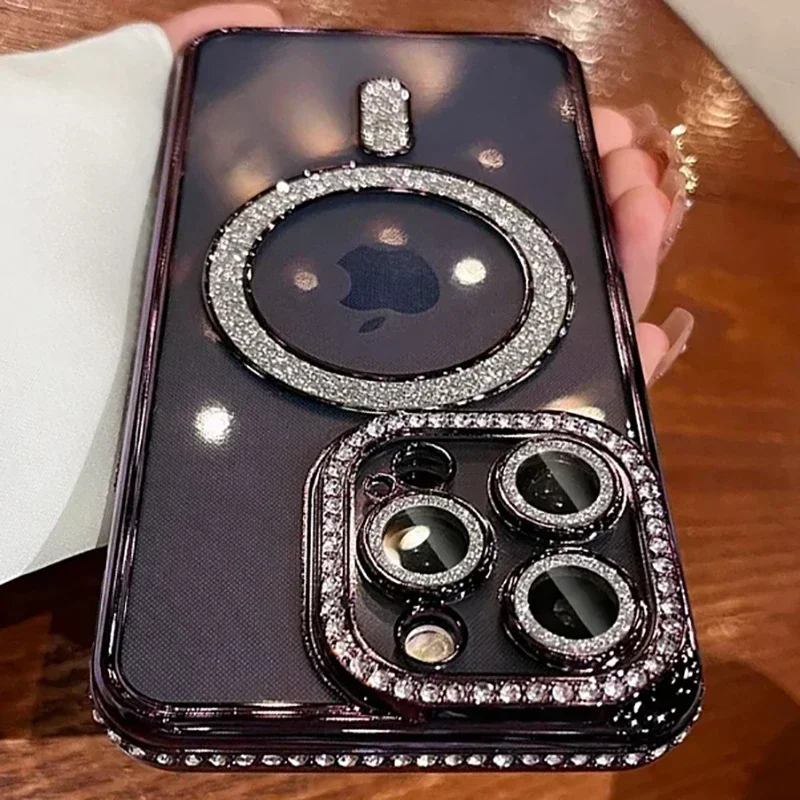 Fashion Girl Pink Crystal Glitter Transparent Magnetic Case For iPhone 16 15 11 12 13 14 Pro Max Wireless Charging Diamond Cover - Image 16