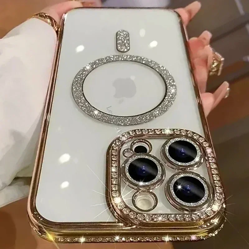 Fashion Girl Pink Crystal Glitter Transparent Magnetic Case For iPhone 16 15 11 12 13 14 Pro Max Wireless Charging Diamond Cover - Image 17