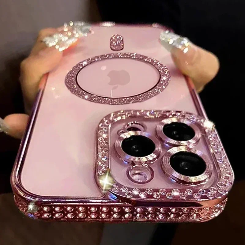Fashion Girl Pink Crystal Glitter Transparent Magnetic Case For iPhone 16 15 11 12 13 14 Pro Max Wireless Charging Diamond Cover - Image 18