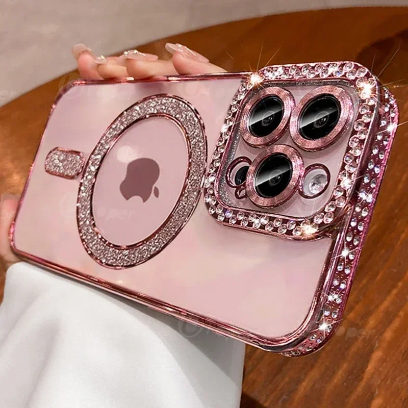Fashion Girl Pink Crystal Glitter Transparent Magnetic Case For iPhone 16 15 11 12 13 14 Pro Max Wireless Charging Diamond Cover - Image 2