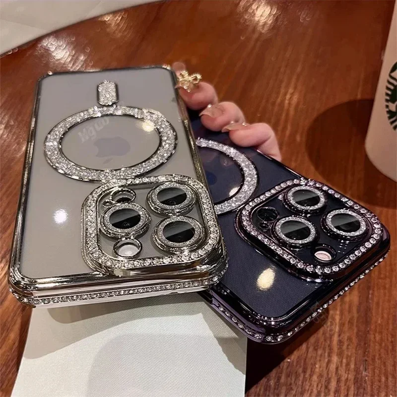 Fashion Girl Pink Crystal Glitter Transparent Magnetic Case For iPhone 16 15 11 12 13 14 Pro Max Wireless Charging Diamond Cover - Image 4