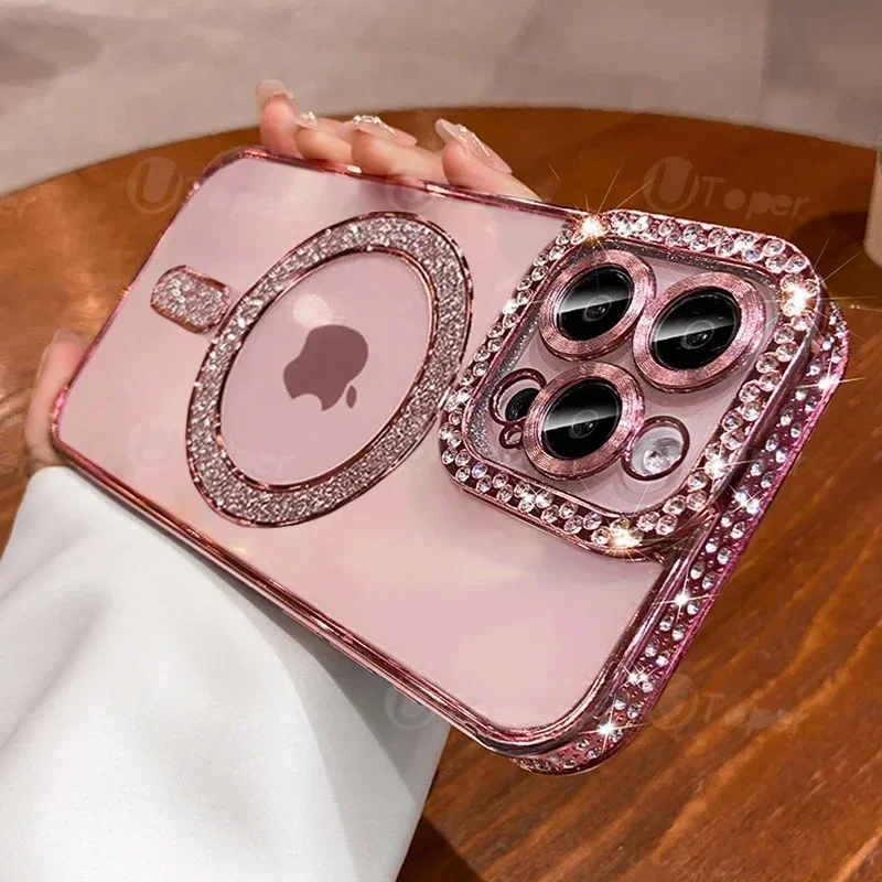 Fashion Girl Pink Crystal Glitter Transparent Magnetic Case For iPhone 16 15 11 12 13 14 Pro Max Wireless Charging Diamond Cover - Image 5