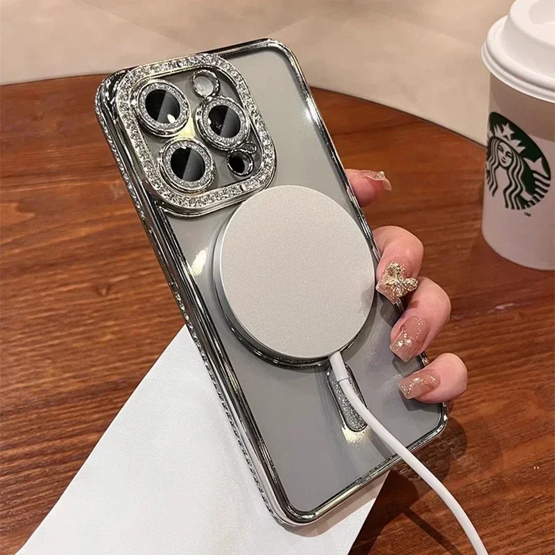 Fashion Girl Pink Crystal Glitter Transparent Magnetic Case For iPhone 16 15 11 12 13 14 Pro Max Wireless Charging Diamond Cover - Image 6