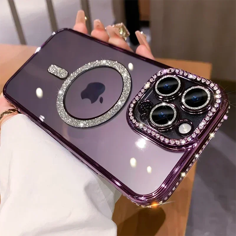 Fashion Girl Pink Crystal Glitter Transparent Magnetic Case For iPhone 16 15 11 12 13 14 Pro Max Wireless Charging Diamond Cover - Image 7