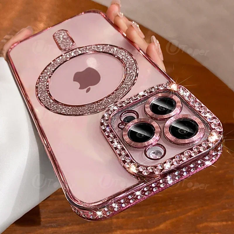 Fashion Girl Pink Crystal Glitter Transparent Magnetic Case For iPhone 16 15 11 12 13 14 Pro Max Wireless Charging Diamond Cover - Image 9