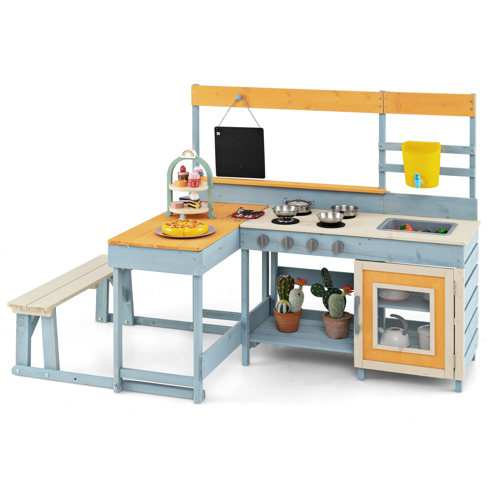 Fir Wood Play Kitchen with Kids Picnic Table and Built-in Bench-Gray - Image 2