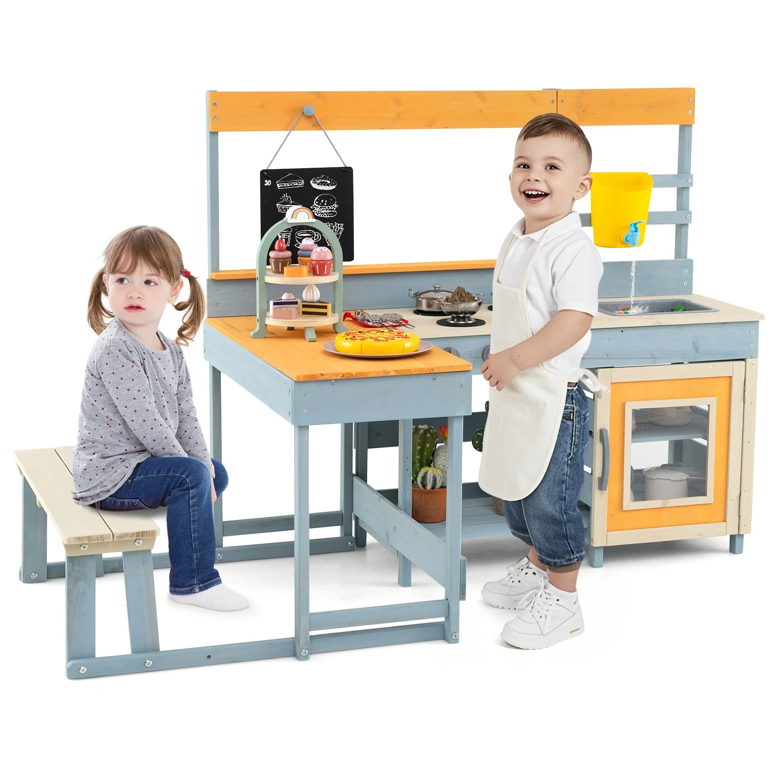 Fir Wood Play Kitchen with Kids Picnic Table and Built-in Bench-Gray - Image 3