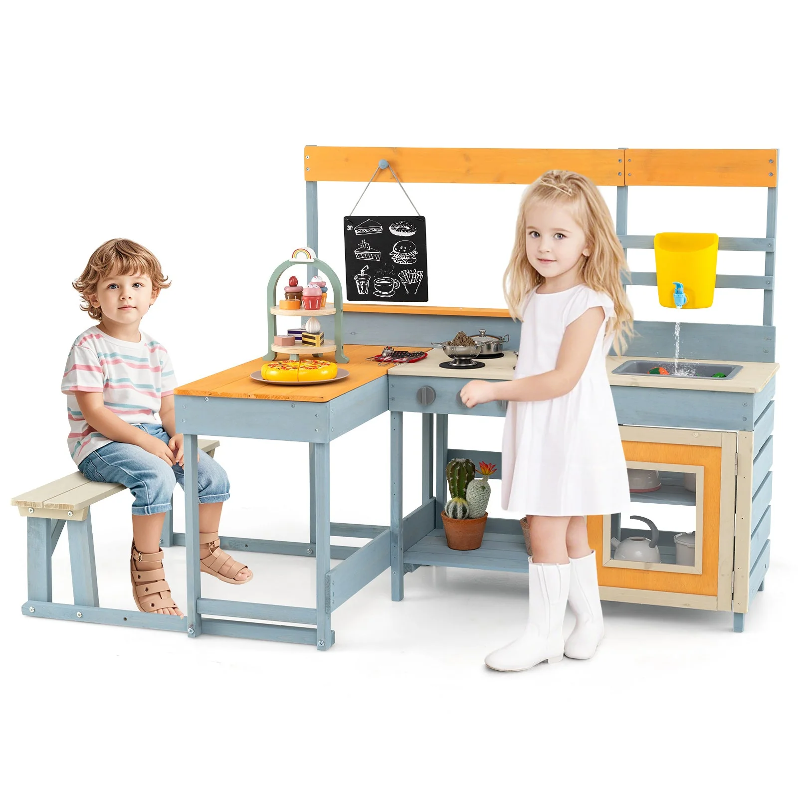 Fir Wood Play Kitchen with Kids Picnic Table and Built-in Bench-Gray - Image 5