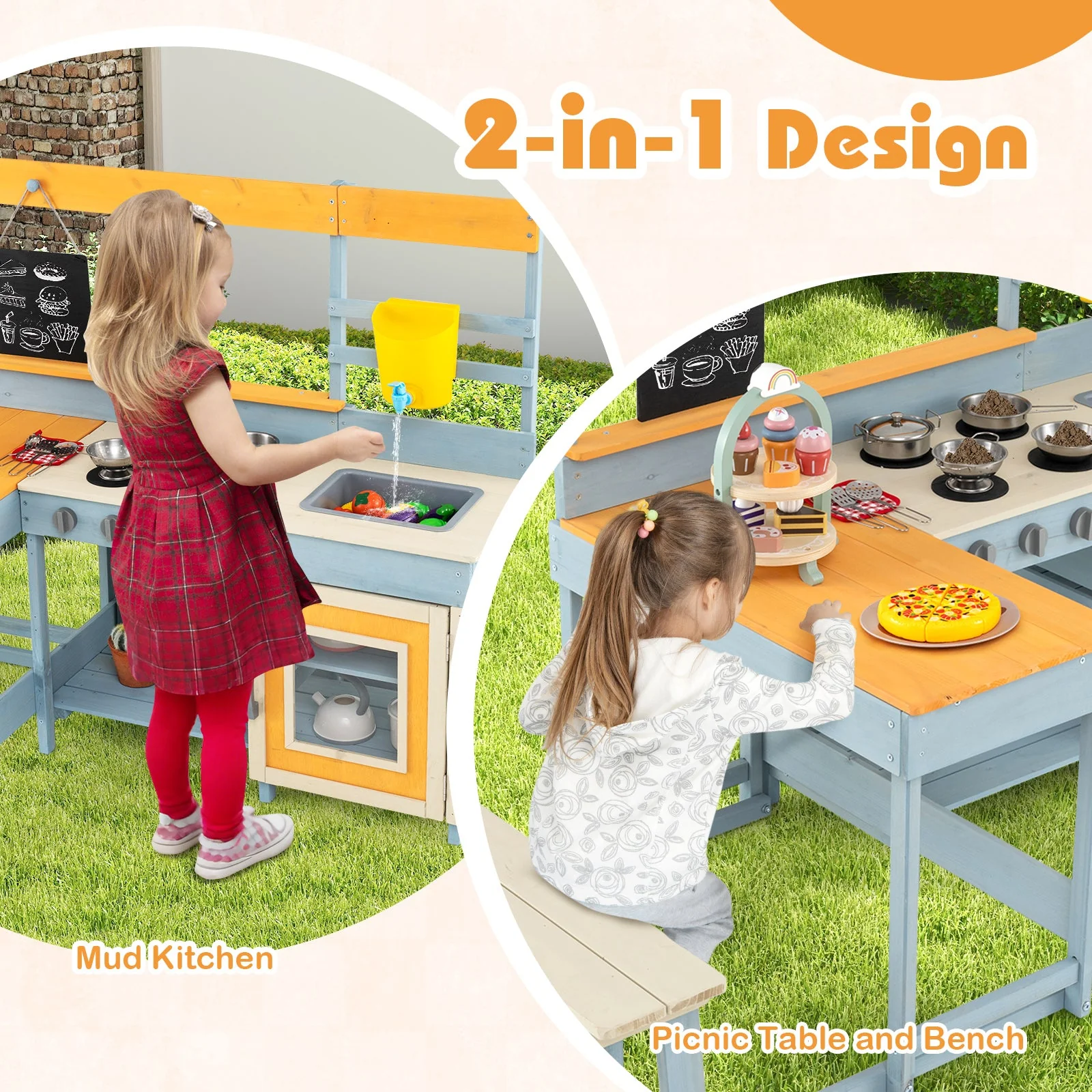 Fir Wood Play Kitchen with Kids Picnic Table and Built-in Bench-Gray - Image 6