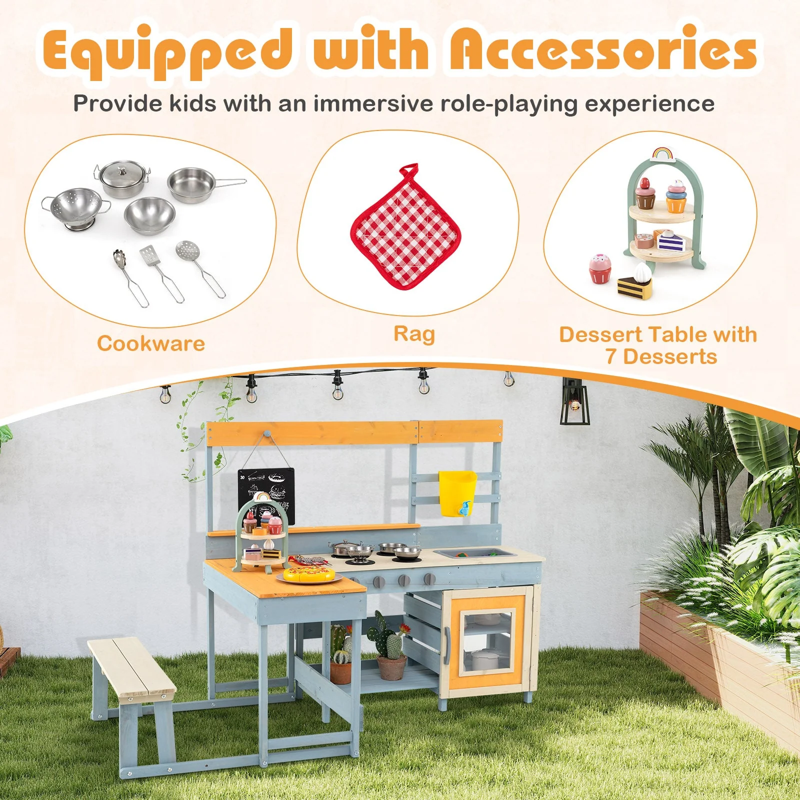 Fir Wood Play Kitchen with Kids Picnic Table and Built-in Bench-Gray - Image 7
