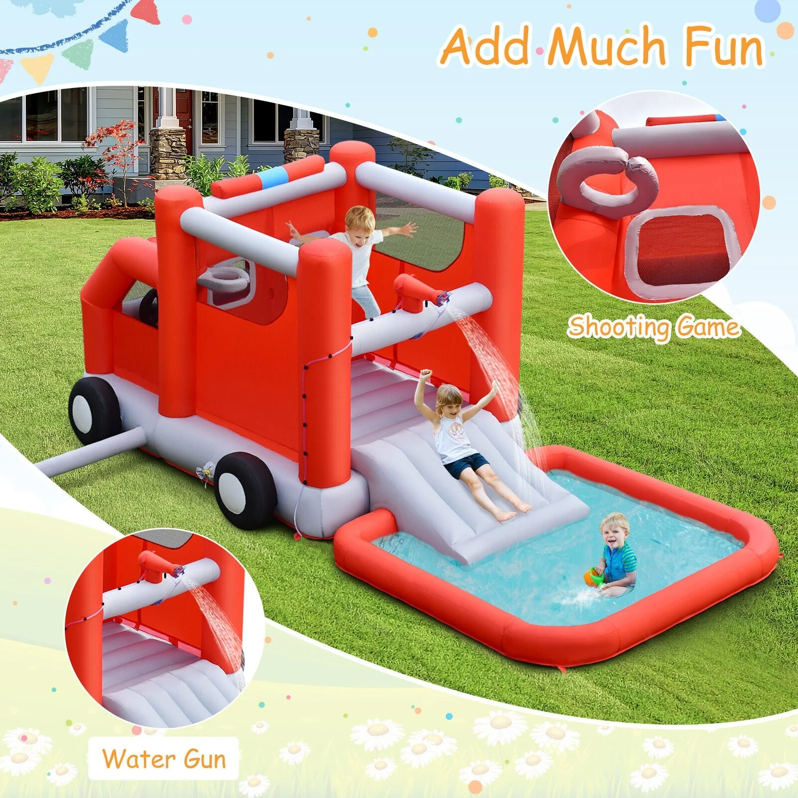 Fire Truck Themed Inflatable Castle Water Park Kids Bounce House with 480W Blower - Image 2