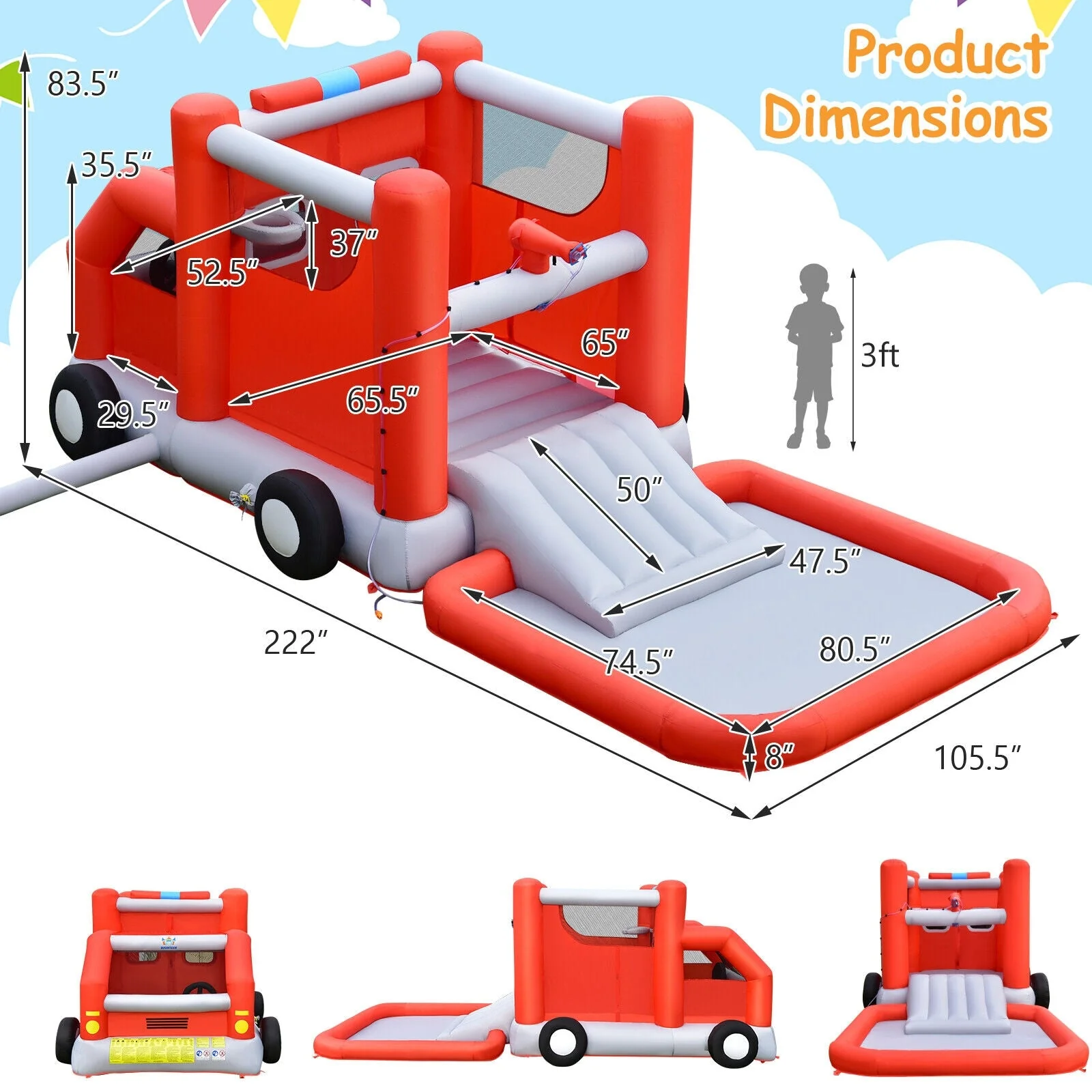 Fire Truck Themed Inflatable Castle Water Park Kids Bounce House with 480W Blower - Image 5